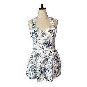Vtg 90s Jessica McClintock Gunne Sax Dress White Blue Floral Cotton Mini Skater